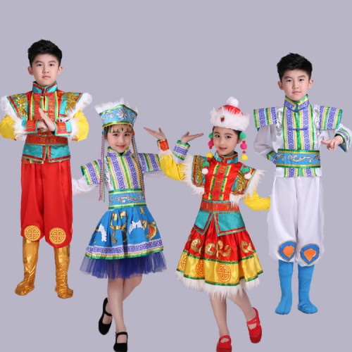 Kids Mongolian dance dresses Chinese folk dance costumes girls boys stage performance photos anime cosplay dancing robes